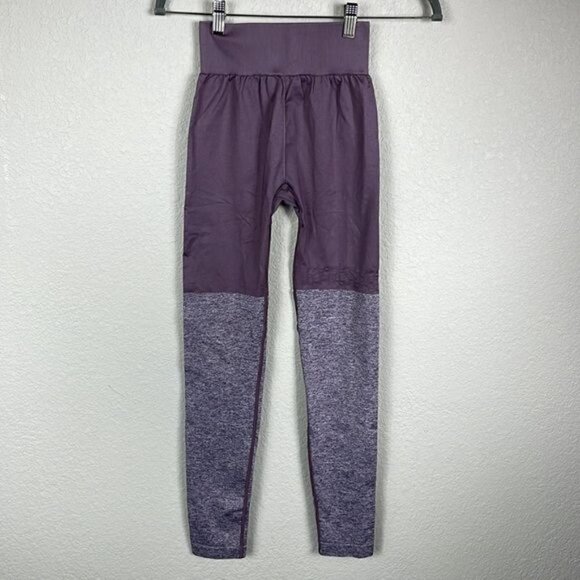 Gymshark Two Tone Seamless Leggings Purple Heathered with Logo High Rise - Picture 3 of 12